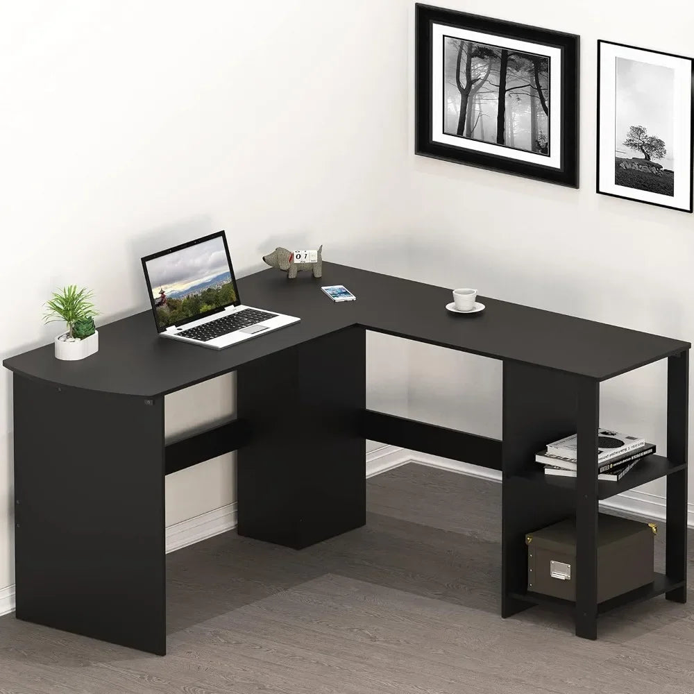 L-shaped home office, wooden corner desk, black computer desk