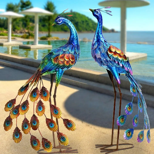 Peacock Decor Garden Statue and Sculpture, Metal Large Birds