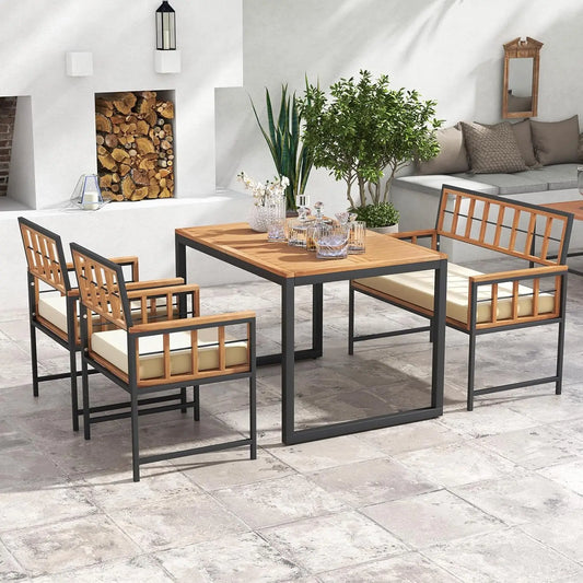 4 Piece Patio Dining Set, Outdoor 47” Acacia Wood Table W/Umbrella Hole