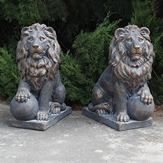 Magnesium Pair Lion Statues Outdoor Safe 27" Tall Ball Set 2 Aged Bronze