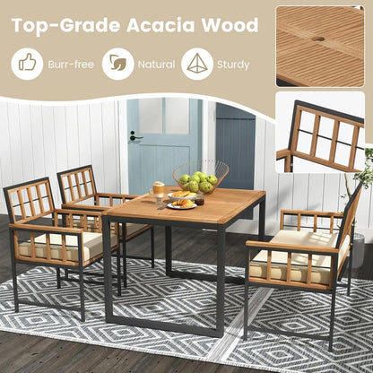 4 Piece Patio Dining Set, Outdoor 47” Acacia Wood Table W/Umbrella Hole