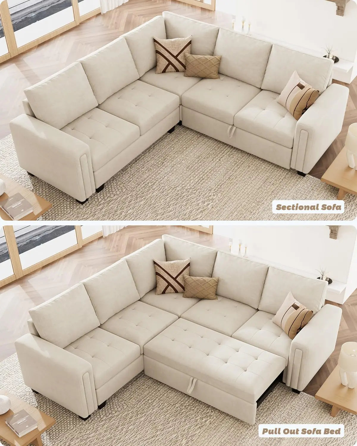 Modular Sectional Sleeper Sofa with Pull Out Couch Bed Velvet Beige