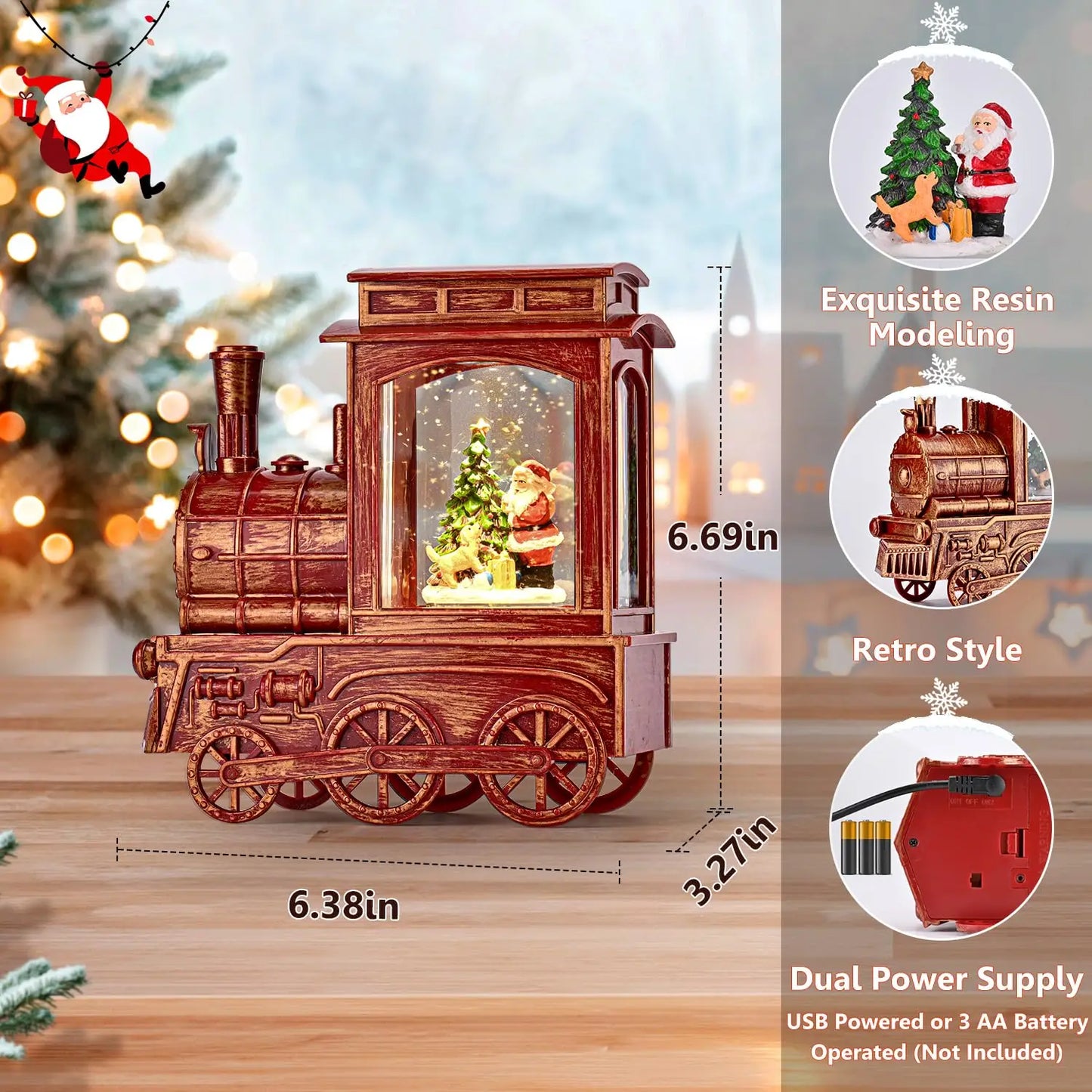 Christmas Vintage Train with Santa Cute Dog Projection Lighted Snow Globe Musical