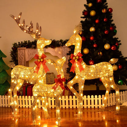 3D Reindeer Family Light Up Deer 3 Set with 210 LED Lights Kit Stakes