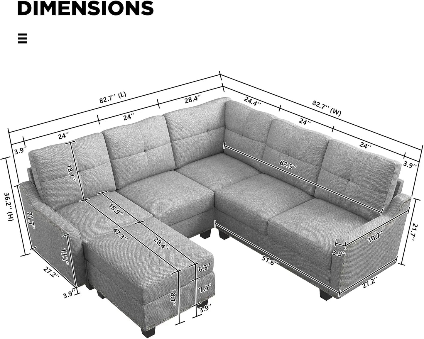 Convertible Sectional Sofa with Storage L Shaped Couch Grey