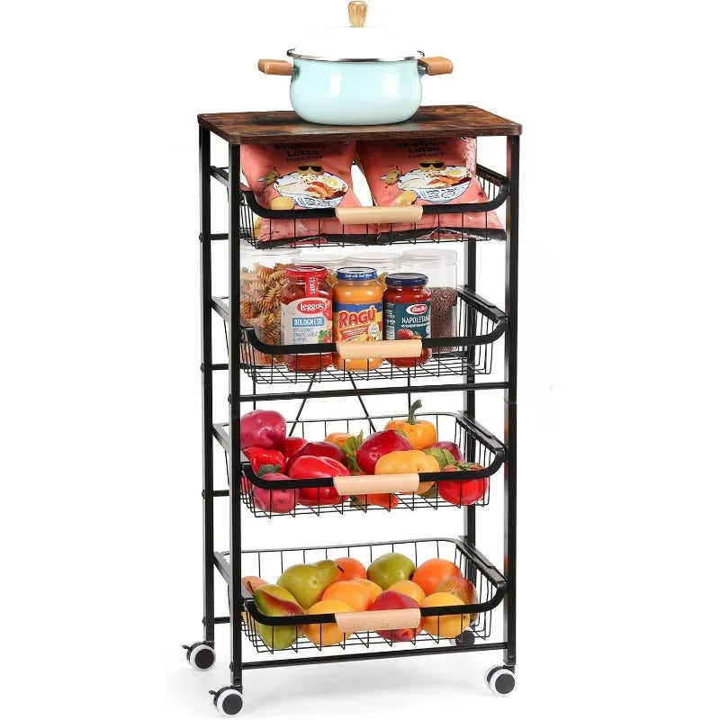 Kitchen Storage Rolling Cart on Wheels, 5 Tier Metal Rolling Utility Cart