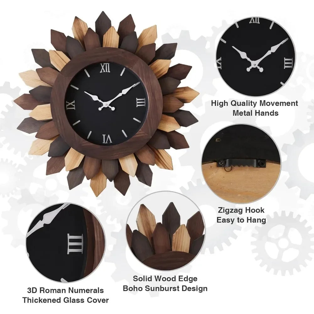 Living room wall clock decoration, sun explosion oversized silent, wood