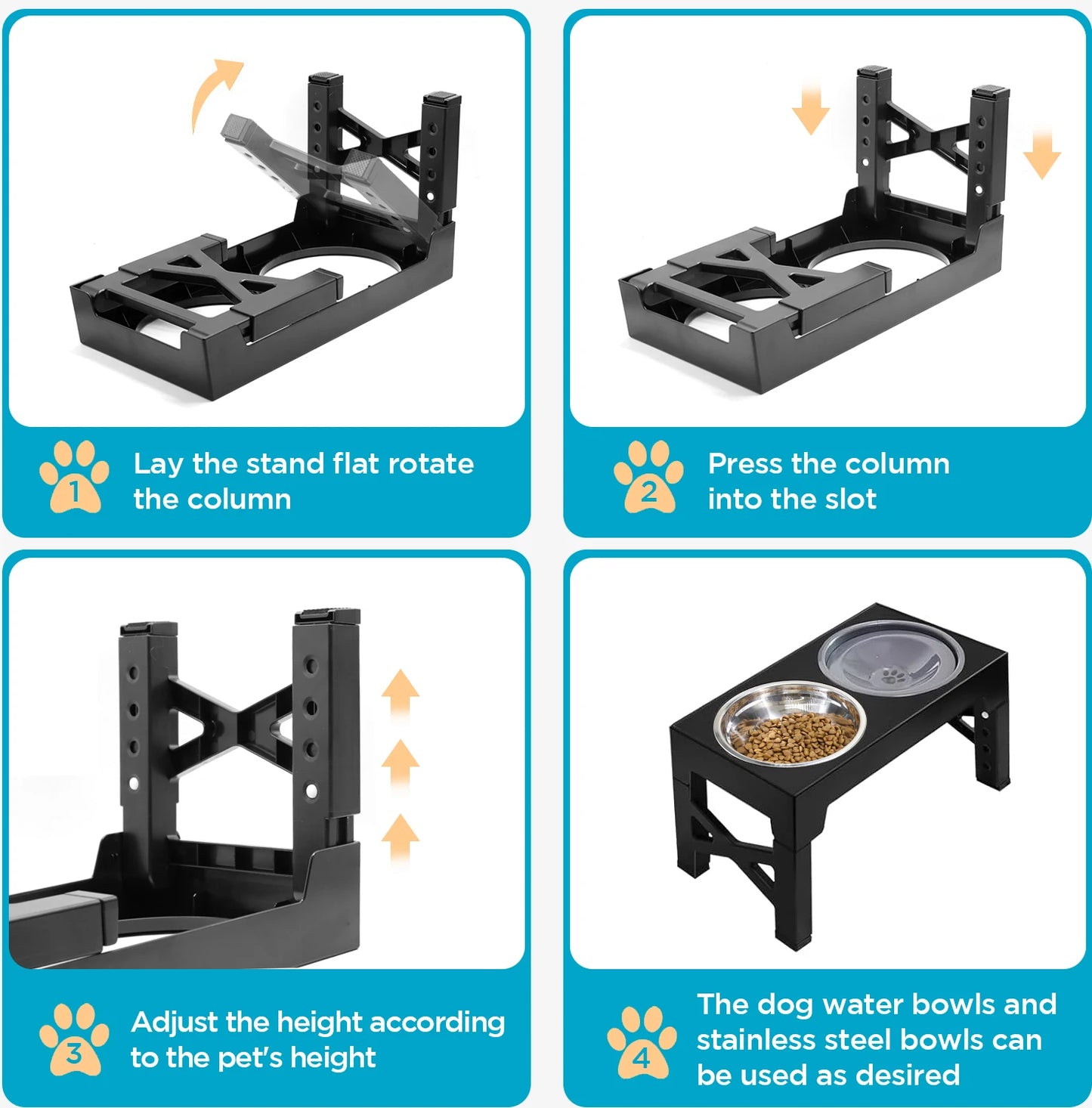 5 Adjustable Heights Raised Dog Bowl Stand with 1 Stainless Steel Food & Dog Water Bowls