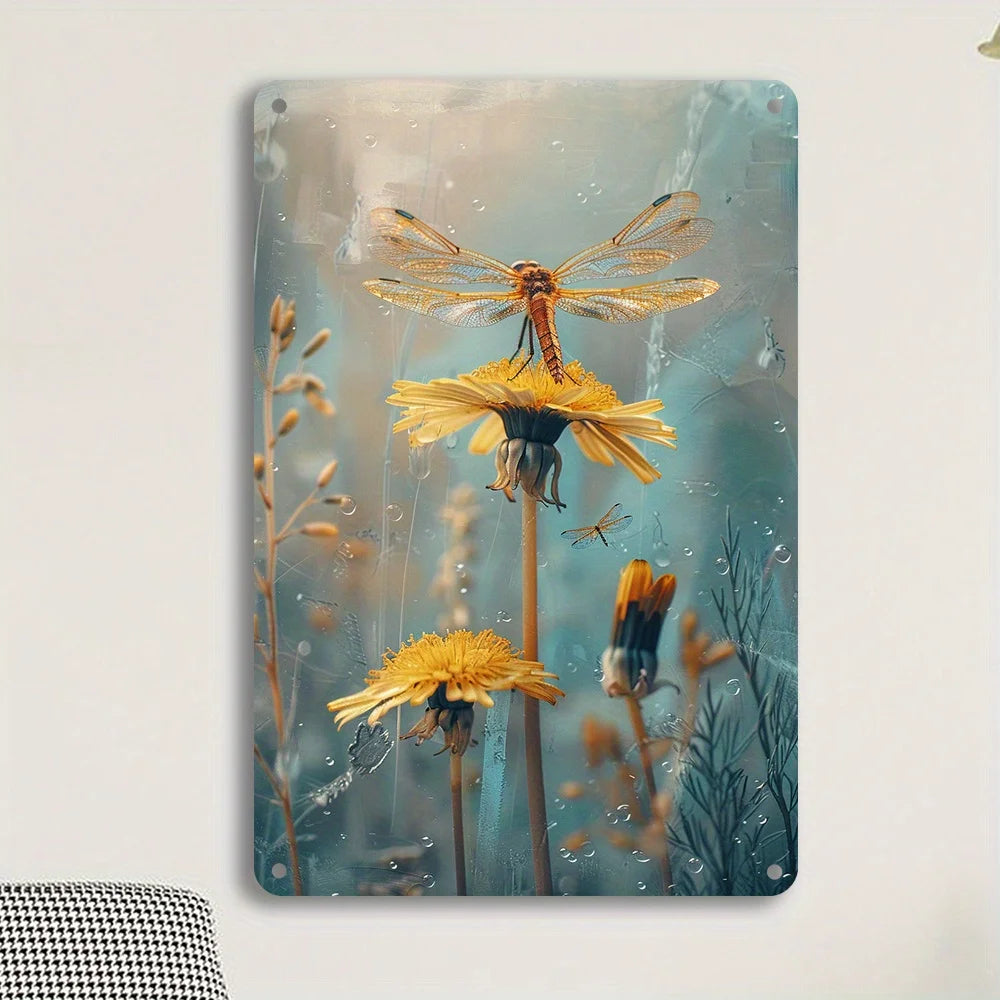 1PC Dandelion and Dragonfly Vintage Metal Plaque Iron Wall Art 8 x 12"