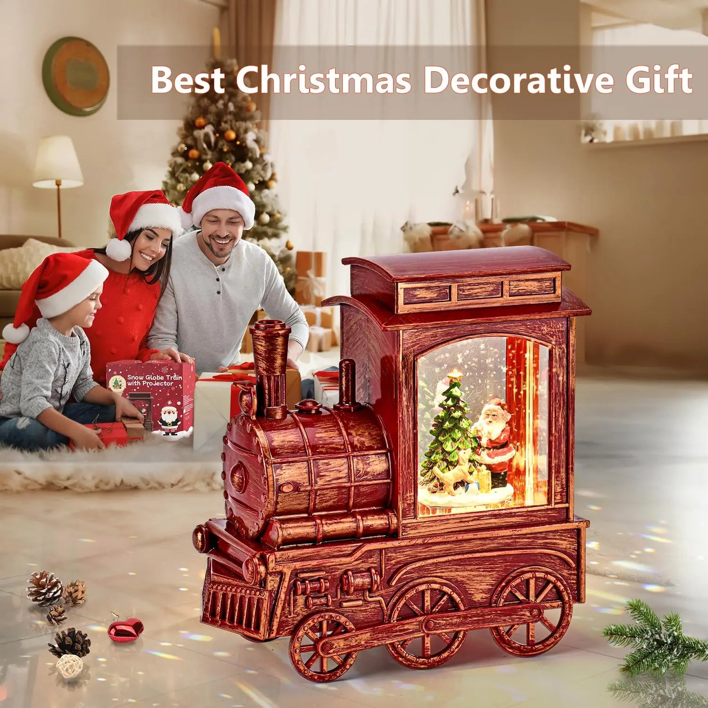 Christmas Vintage Train with Santa Cute Dog Projection Lighted Snow Globe Musical