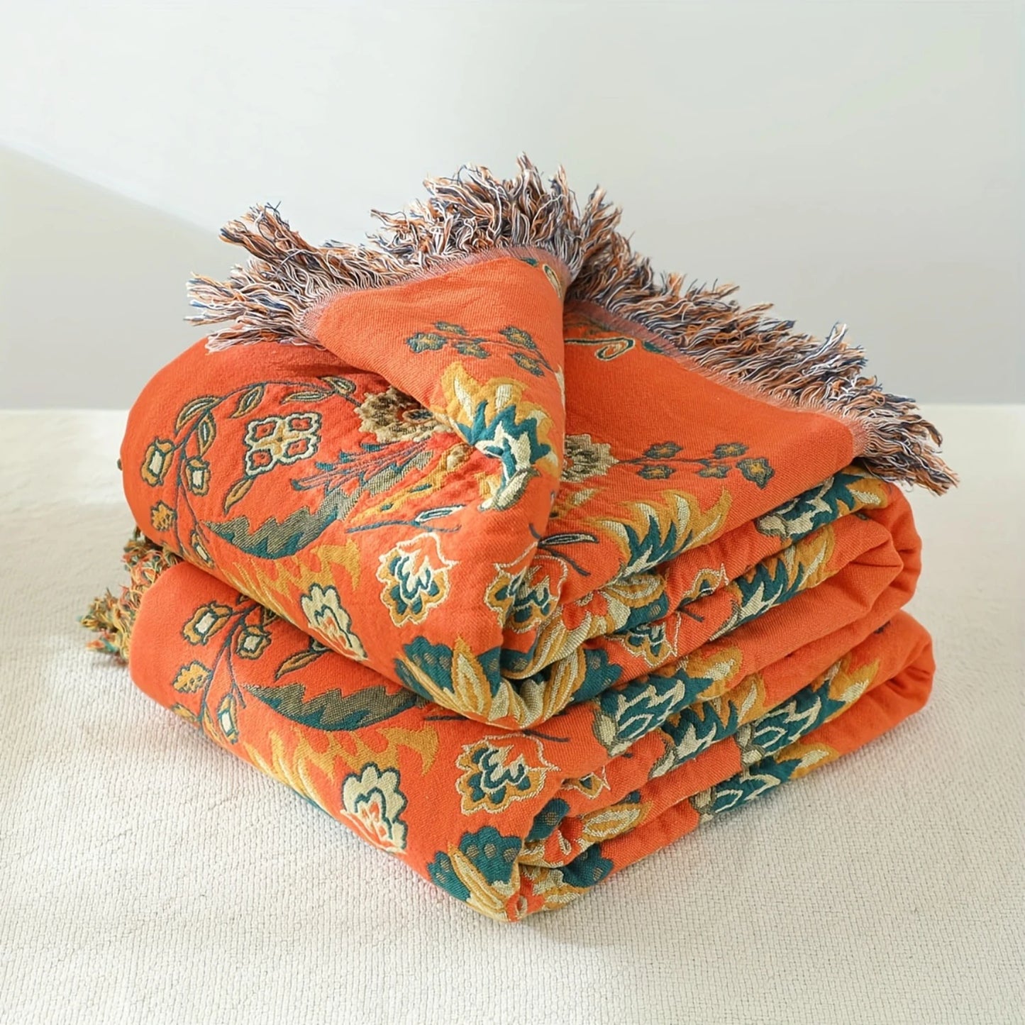 1pc Floral Sofa Towel Blanket With Tassel, Cotton Printed Blanket