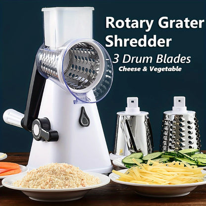 Rotary cheese grater with 3 interchangeable blades for fruits, vegetables, nuts