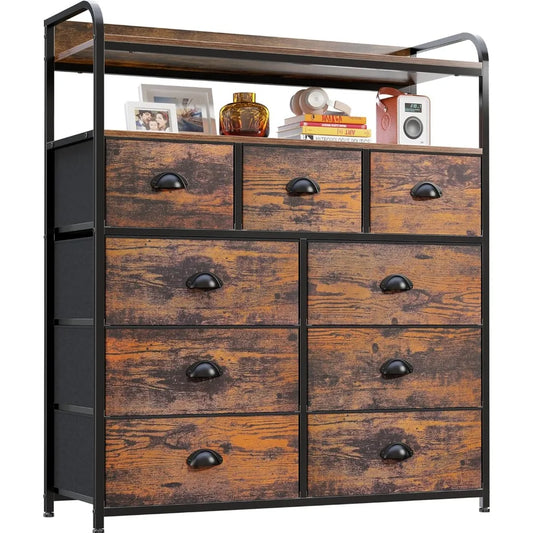 Tall Dressers for Bedroom with 9 Drawers, with 2 Open Shelves and Metal Frame