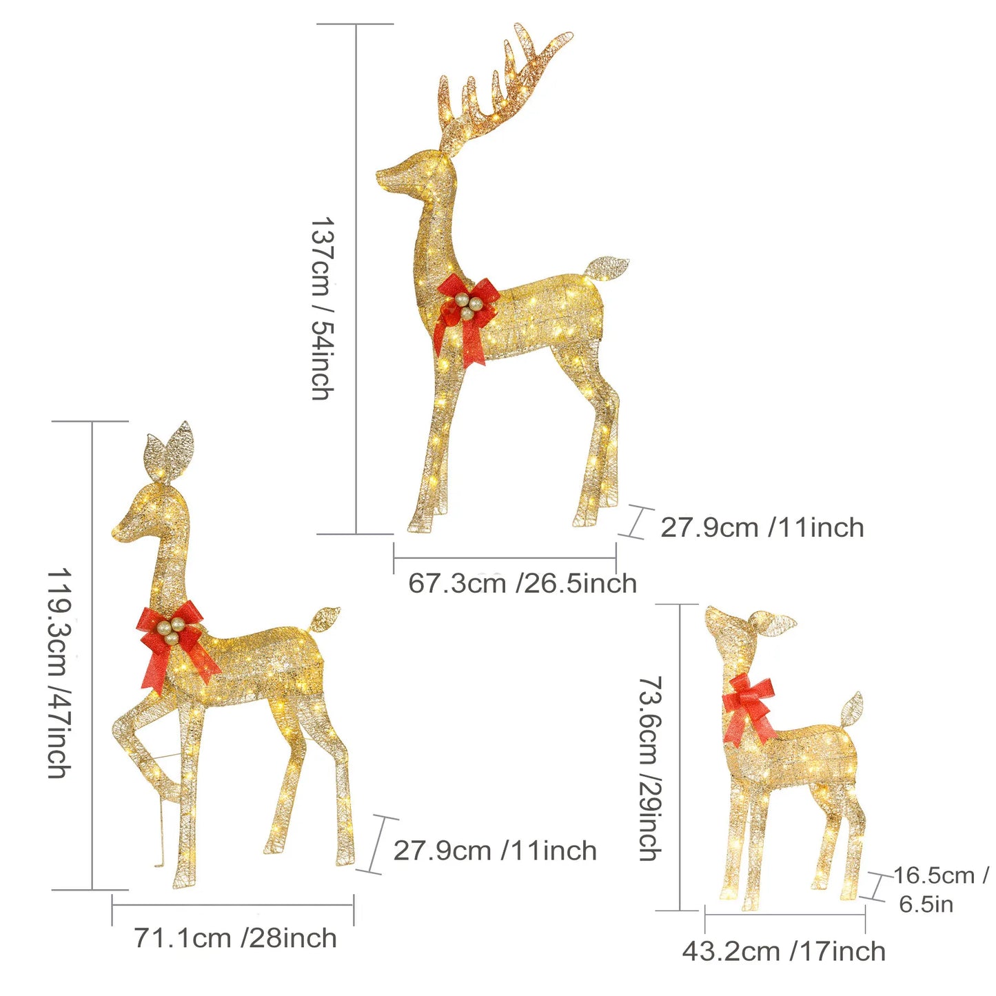 3D Reindeer Family Light Up Deer 3 Set with 210 LED Lights Kit Stakes