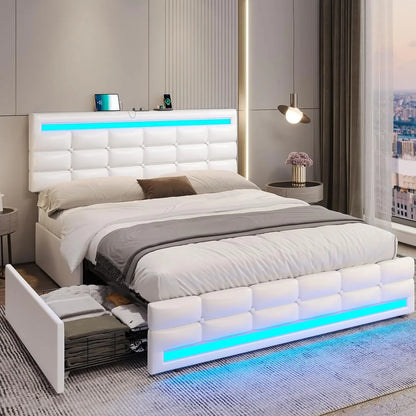 LED Bed Frame w 4 Drawers and 2 USB Charging Station, Upholstered Platform Bed