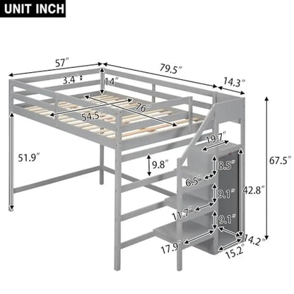 Full Size Loft Bed with Storage & ladder Pine Wood