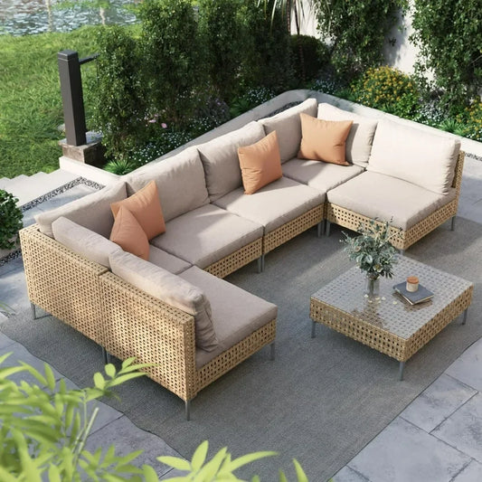 9-Pcs Basket Weave Wicker Patio Furniture Set w/fire pit