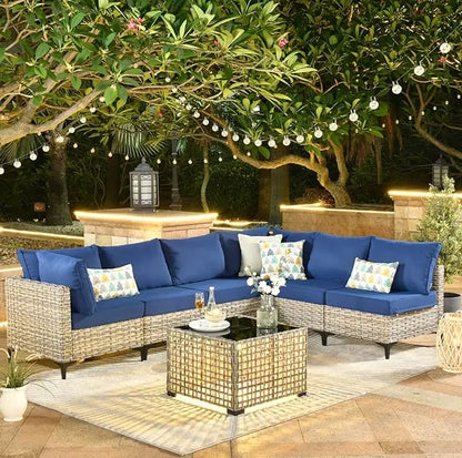 7 Piece Outdoor Patio Furniture with Glowing Coffee Table, Wicker