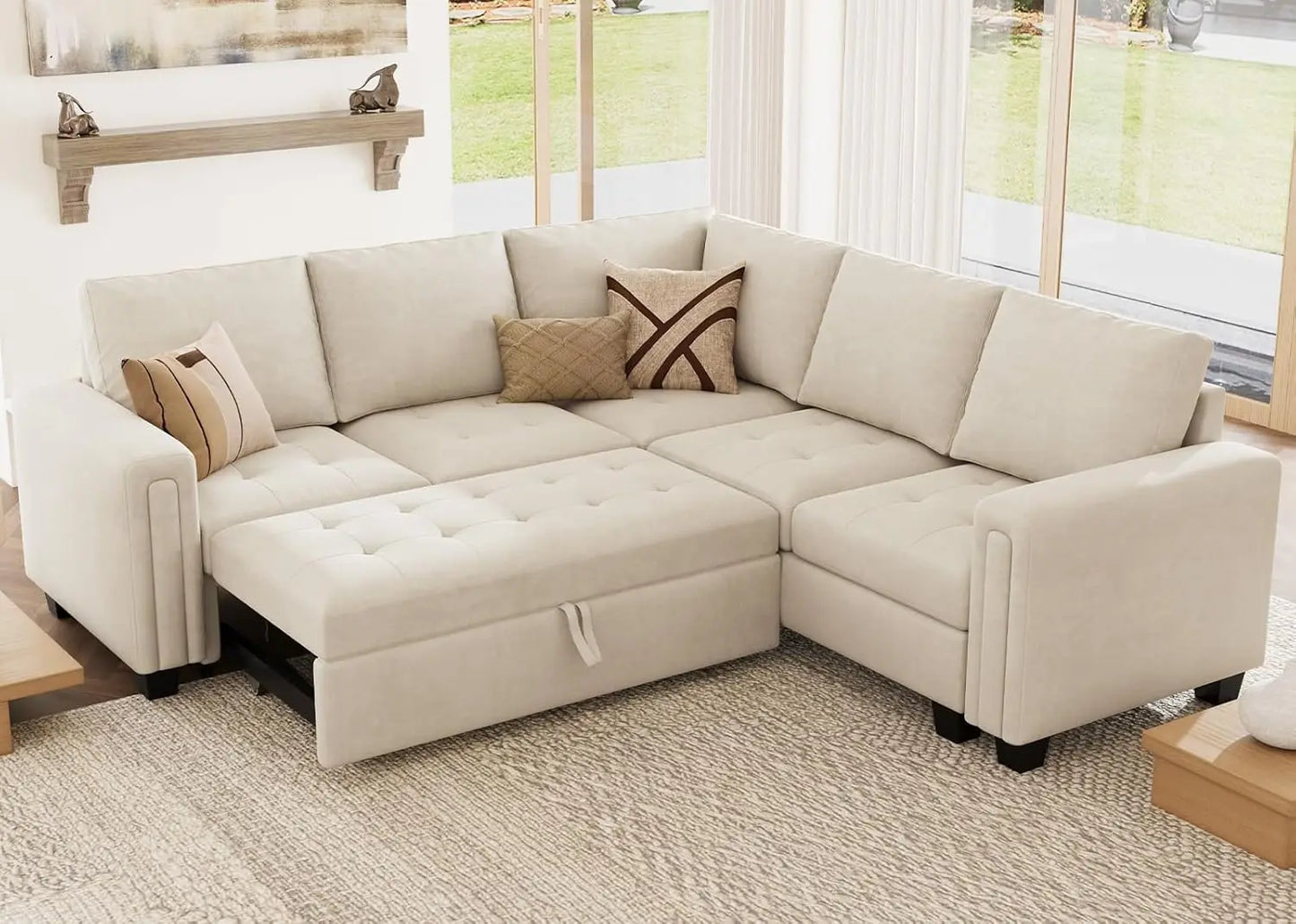 Modular Sectional Sleeper Sofa with Pull Out Couch Bed Velvet Beige