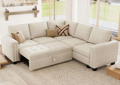 Modular Sectional Sleeper Sofa with Pull Out Couch Bed Velvet Beige