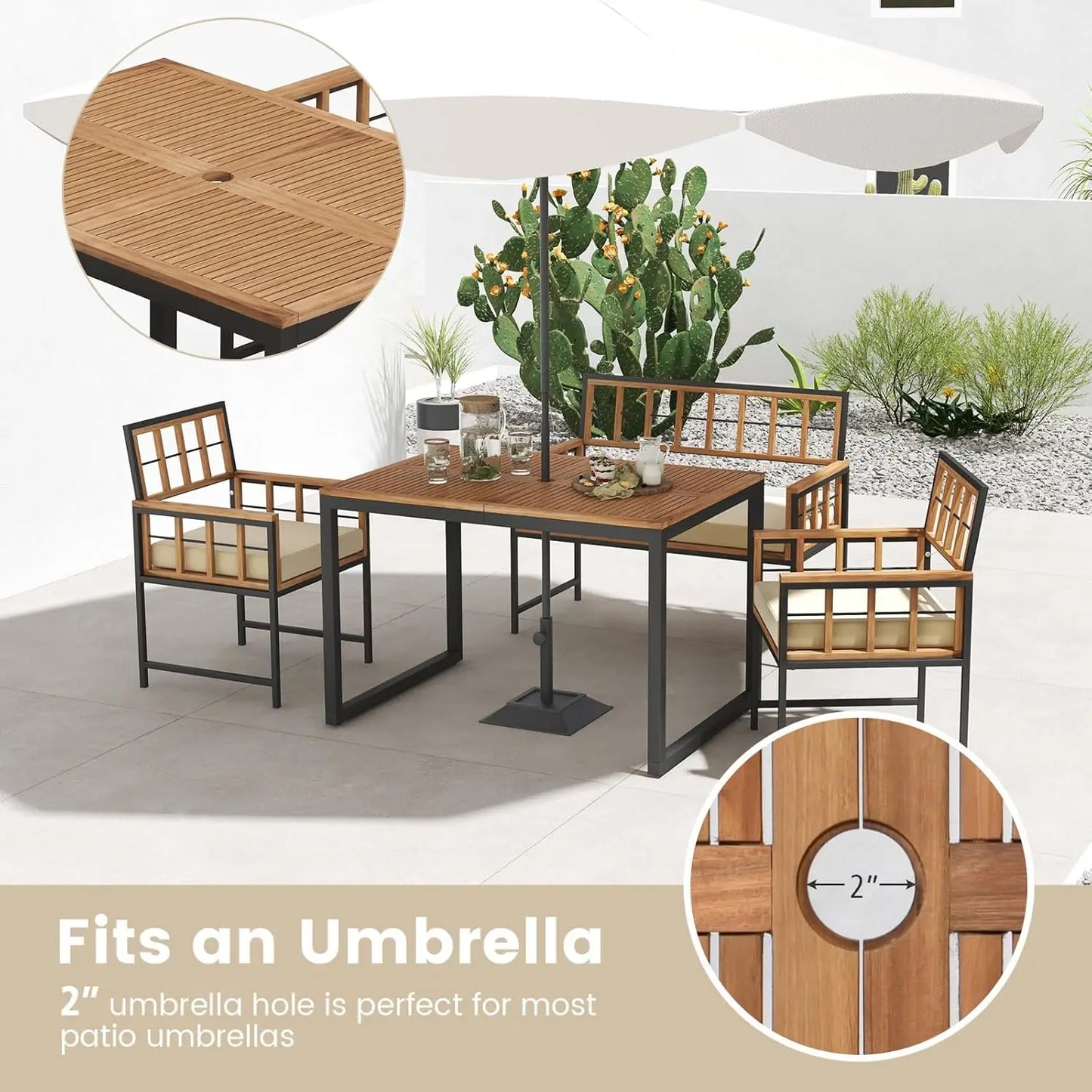 4 Piece Patio Dining Set, Outdoor 47” Acacia Wood Table W/Umbrella Hole