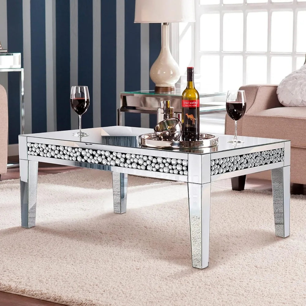 Mirrored Coffee Table, Silver with Crystal Diamond Inlay