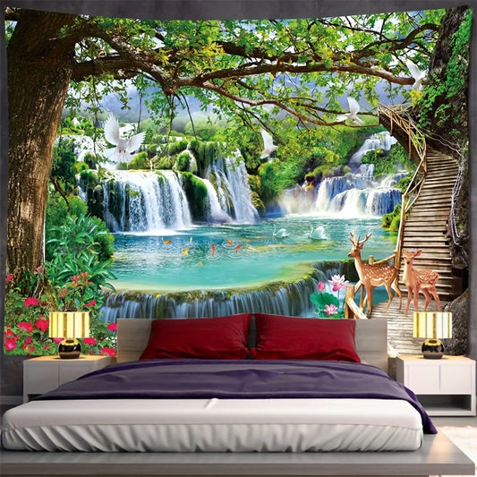 1pcs Cute Fashion Forest Trees Colorful Tapestry Scenery Waterfall Spring Fashion