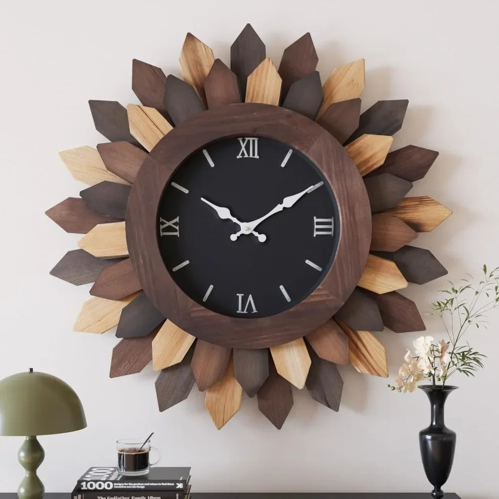 Living room wall clock decoration, sun explosion oversized silent, wood