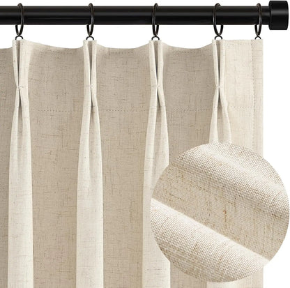 Pleated Curtains 96 Inch Long, 100% Blackout Insulated Natural Linen Pinch Pleat