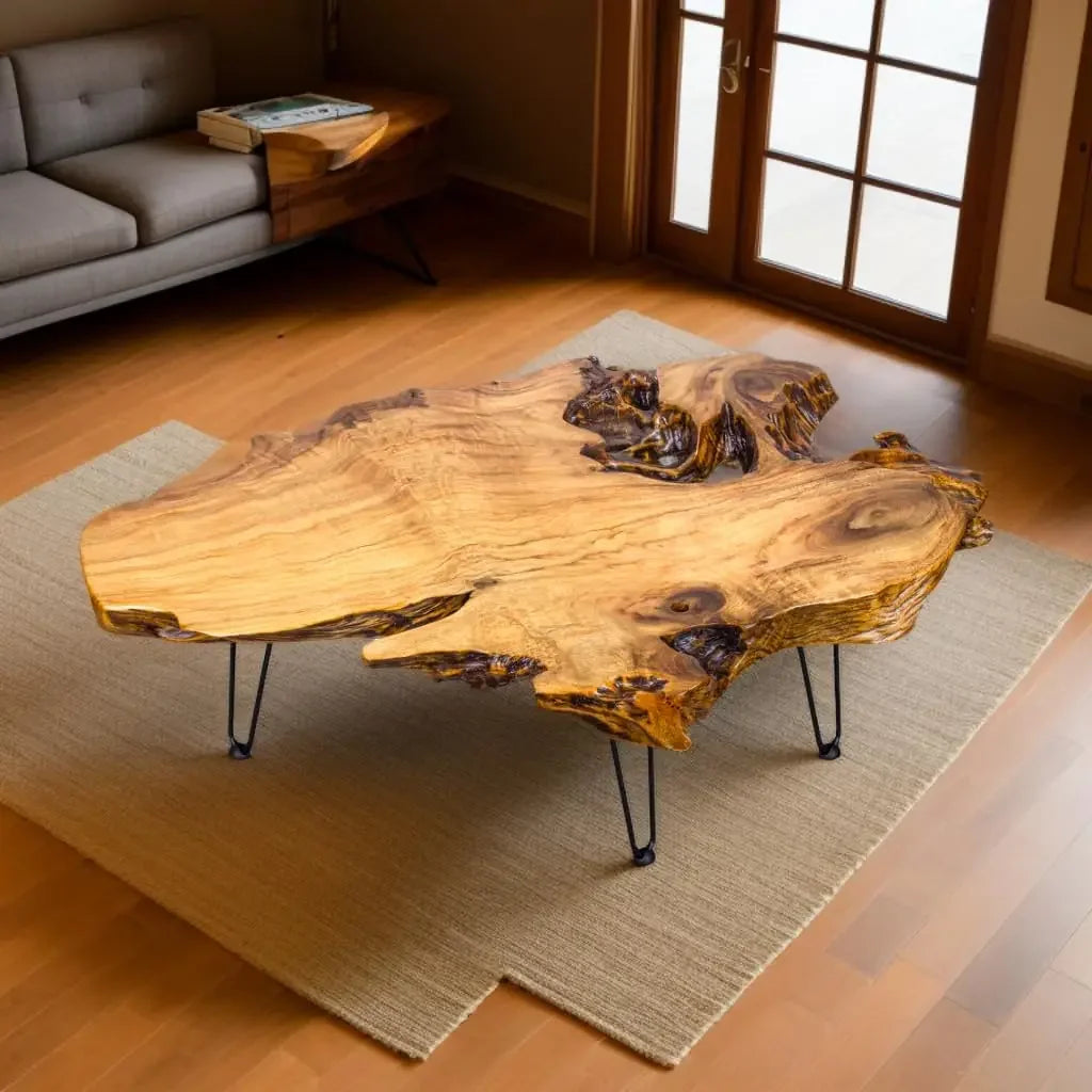 Natural Wood Coffee Table with Clear Lacquer Finish and Metal Hairpin Legs