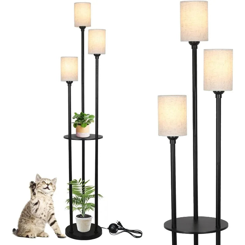 Floor Lamp with Shelves, for Living Room, 3-Lights with On/Off Foot Switch