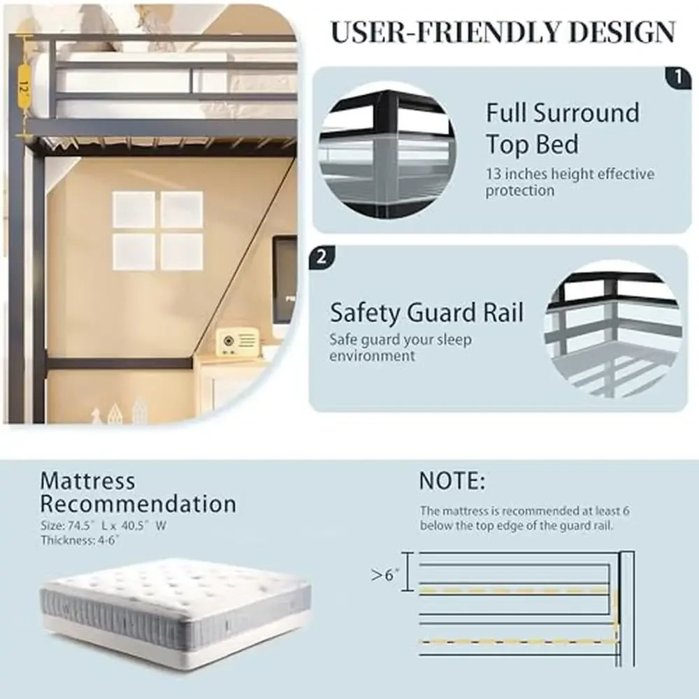 Metal Loft Bed Twin Size Removable Ladder 76.4"L x 42.1"W x 70.9"H