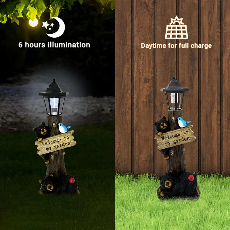 Classic Resin Bear Statues with Solar-Powered LED Light