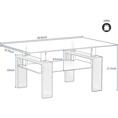 Rectangle Glass Coffee Table 2-Tier Tea Table Modern Side Coffee Table