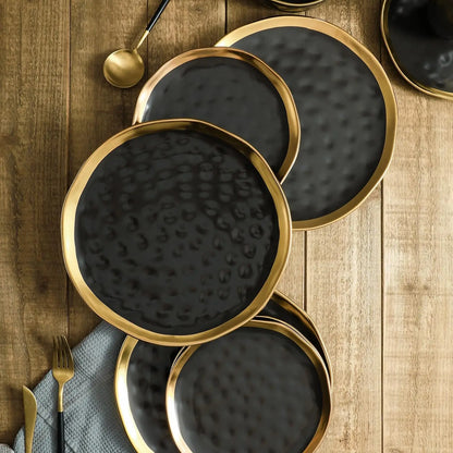 Stone Lain Modern Poreclain 16 Piece Dinnerware Set, Dish set for 4, Black And Golden Rim