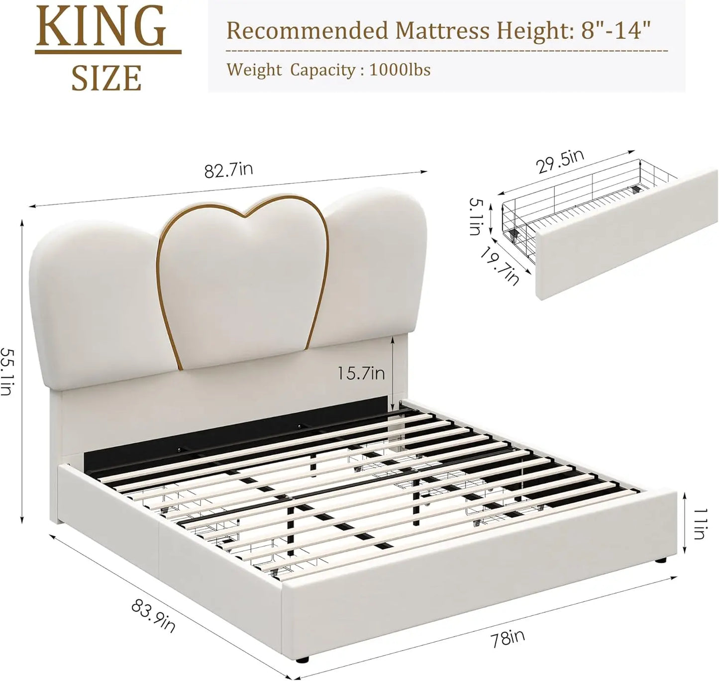 King LED Bed Frame with 4 Storage Drawers, Velvet with 55" Tall Heart Shaped Headboard