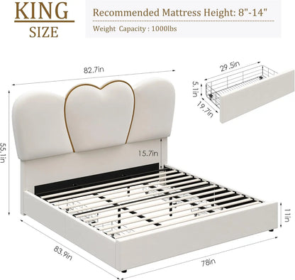 King LED Bed Frame with 4 Storage Drawers, Velvet with 55" Tall Heart Shaped Headboard