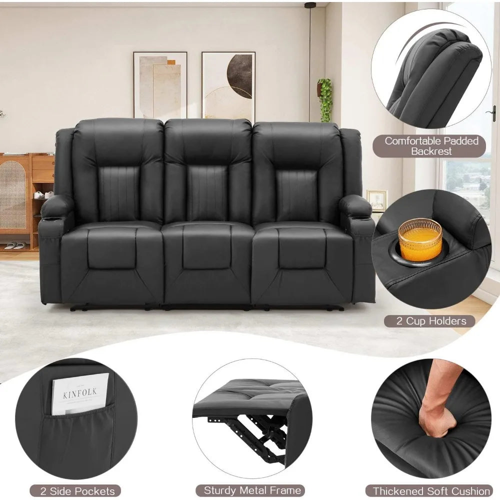 Recliner Sofa With Cup Holders& Side Pockets, Modern Manual RV 3 Seats Wall Hugger