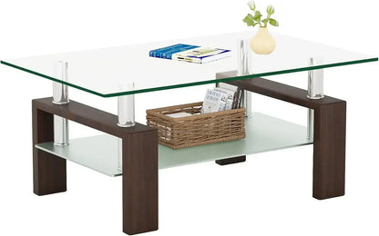 Rectangle Glass Coffee Table 2-Tier Tea Table Modern Side Coffee Table