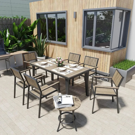 8-Piece Patio Dining Set Aluminum Furniture Set with Plastic-Wood Table