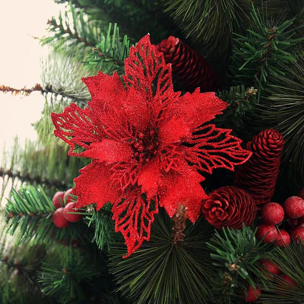 10pcs/set Christmas Glitter Flower 10cm Gold Silver Red Artificial Floral Head