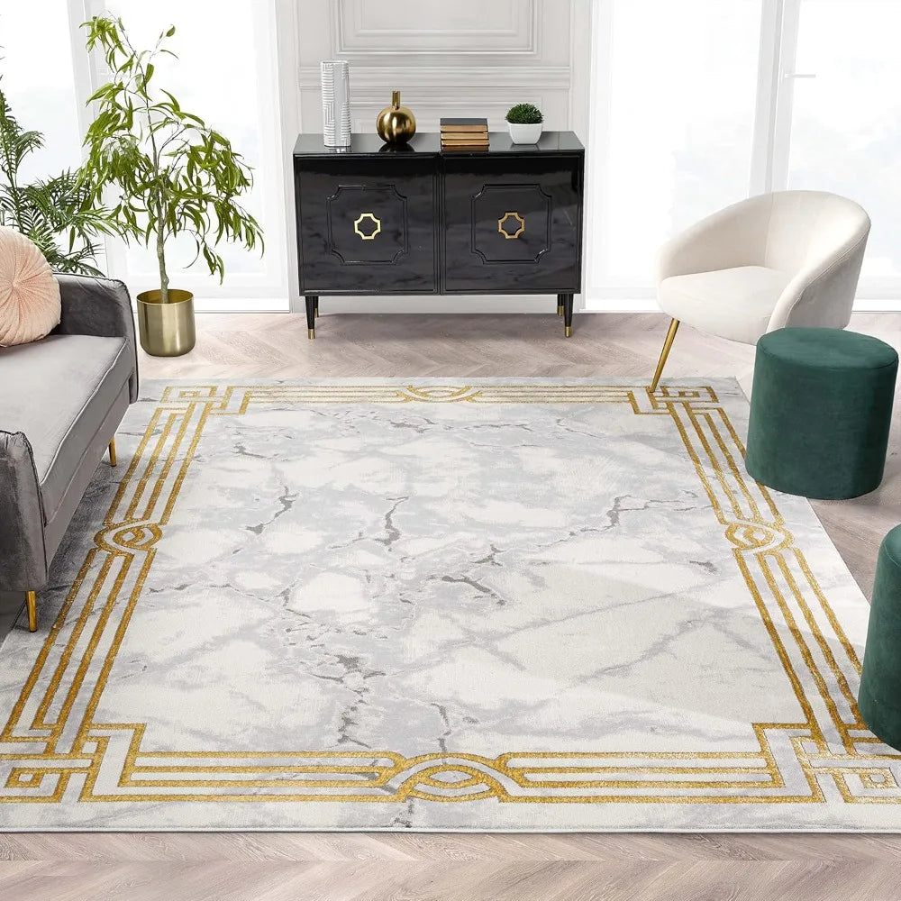 Huntington Grey Gold & Ivory Marble Border Elegant & Soft 9x13 Area Rug Perfect for Bedroom