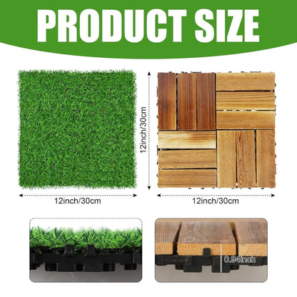 Hardwood Interlocking Deck Tile w/ Artificial Grass