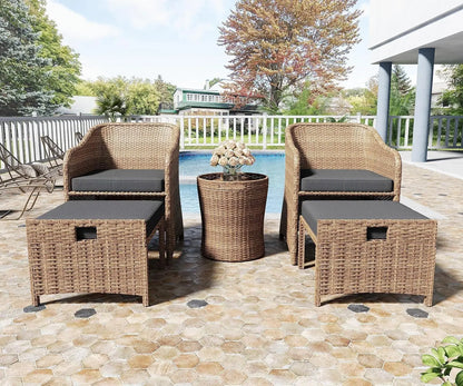 5 Piece Patio Conversation Set, Wicker Rattan Glass Table