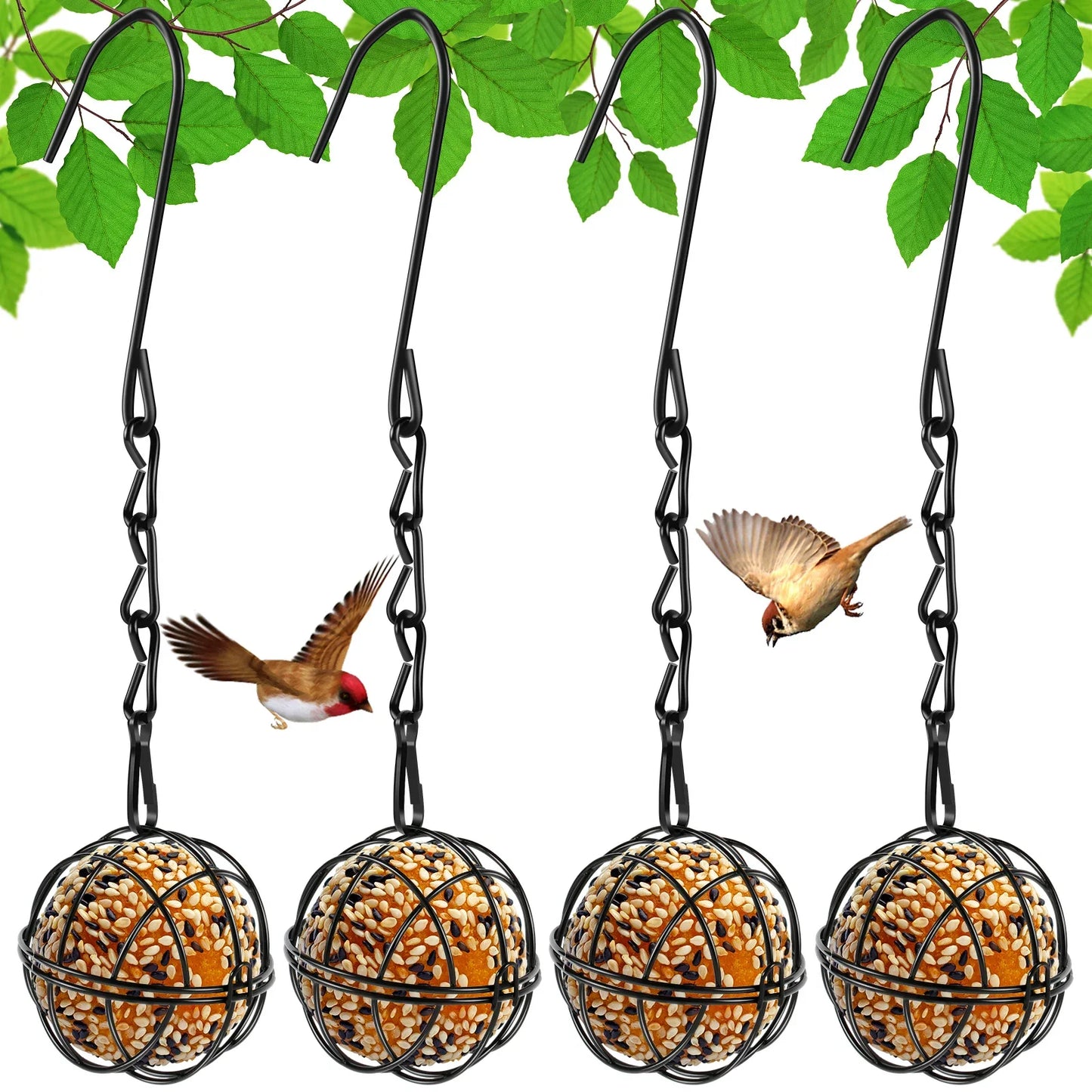 4 Pack Suet Ball Bird Feeder Set Metal Station Kit with Hanging Chain