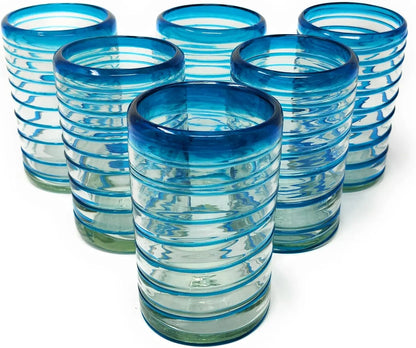 Hand Blown Drinking Glasses - Set of 6 Aqua Spiral Design (14 oz each)