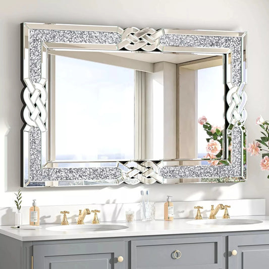 Crushed Diamond Wall Mirror Rectangular Glass Silver Vanity Crystal Frame Edge