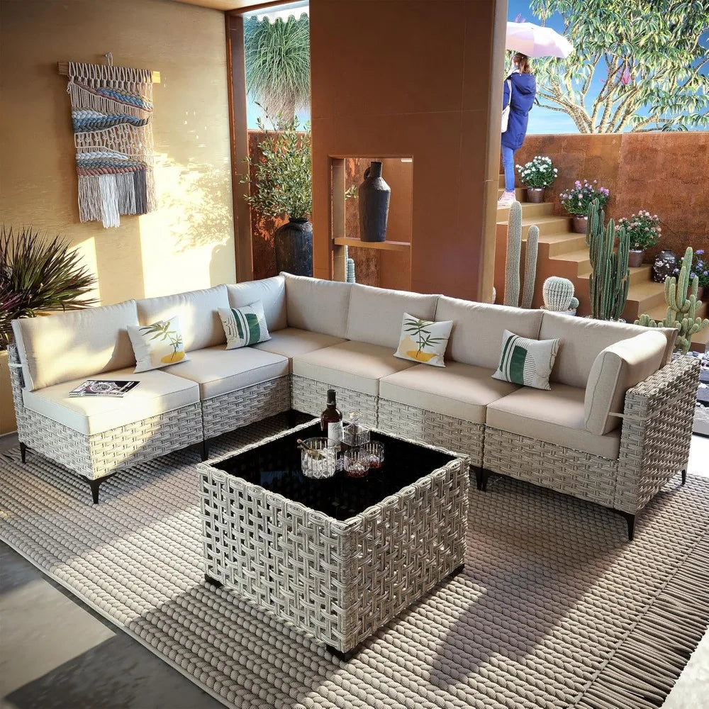 7 Piece Outdoor Patio Furniture with Glowing Coffee Table, Wicker