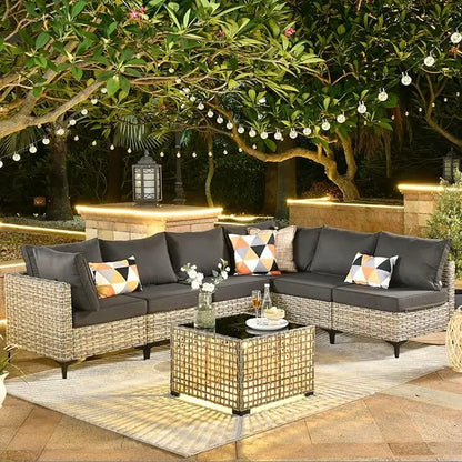 7 Piece Outdoor Patio Furniture with Glowing Coffee Table, Wicker