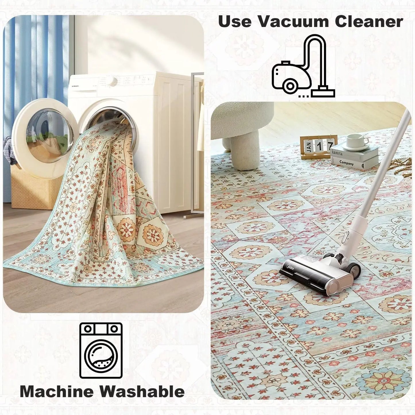 Washable Rug Vintage Area Rugs with Non-Slip Backing